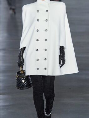 RUNWAY! Balmain Double Breasted White Wool Logo Button Cape